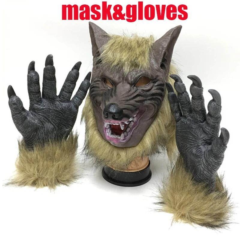mask and gloves Косплей силиконовые Волчья Голова маска для волос перчатки, унисекс Новинка животных полная маска Хэллоуин ролевые игры нарядное платье костюм для вечеринки - Цвет: mask and gloves