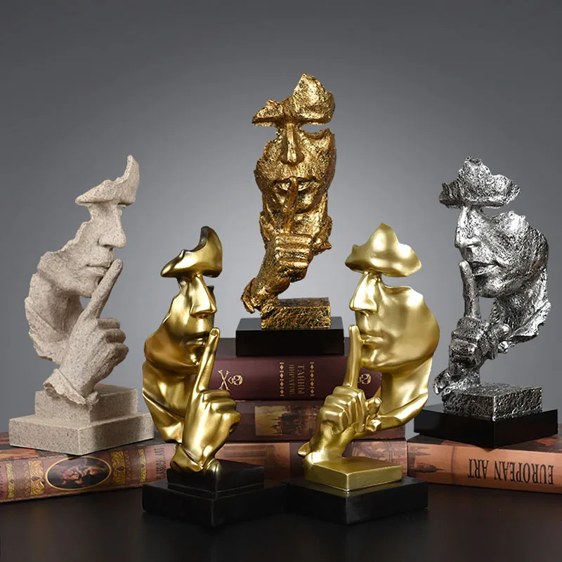

Home Decoration Ornaments Antique Thinker Sculpture Silence Is Gold Resin Statue Office TV Cabinet Display Crafts Business Gifts