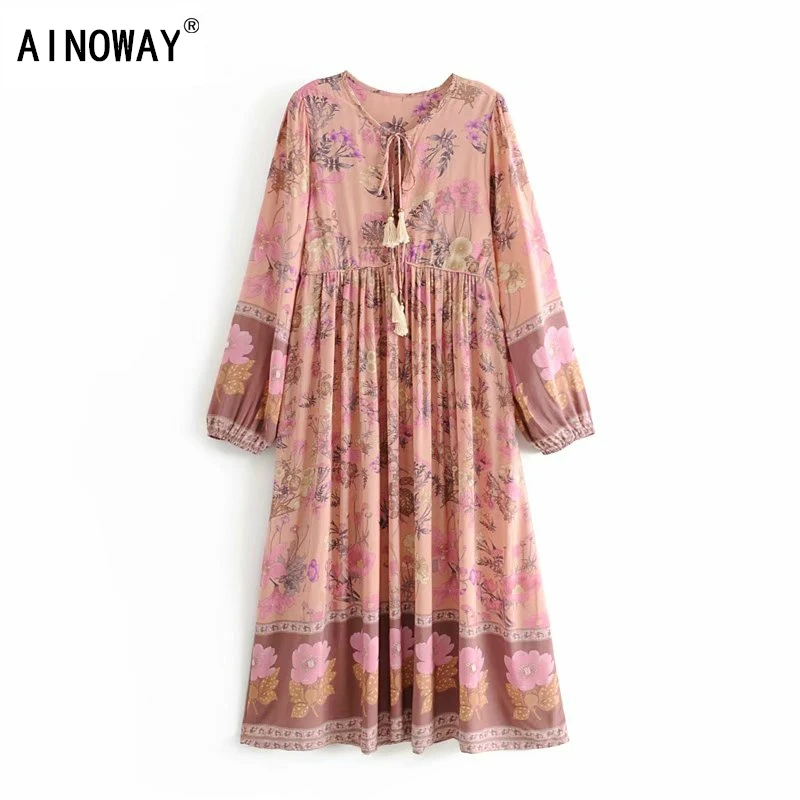 Винтажное шикарное модное богемное женское платье миди с цветочным принтом и