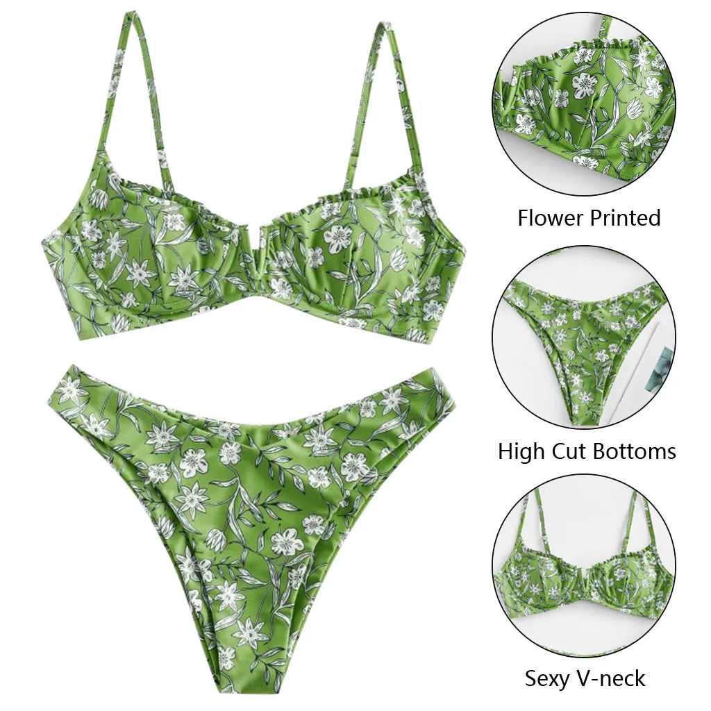 

Women Two Piece Swimsuit Flower Print High Cut V Neck Two Pieces Beach swimsuit Bikini Swimwear Swimsuit Beachwear Biquinis