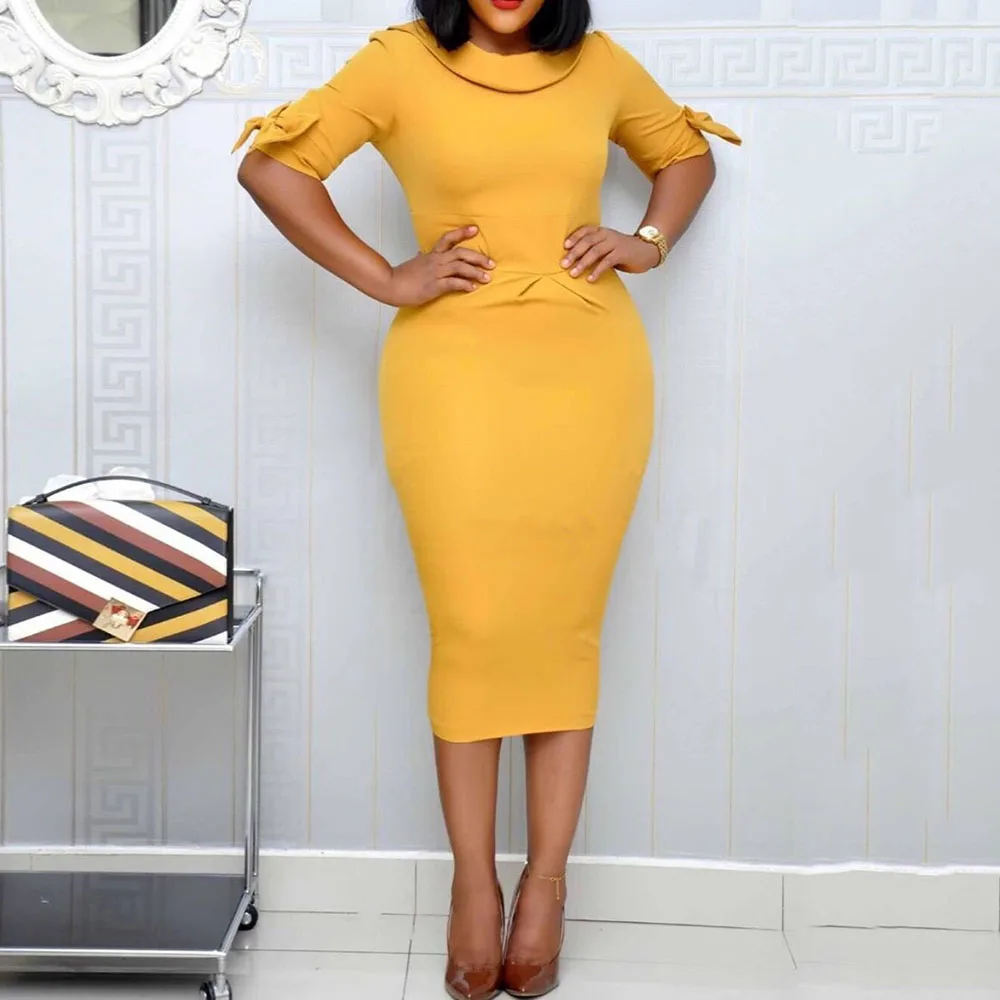 Women Midi Dress Elegant Vintage Office Ladies Yellow Sexy Peter Pan Collar Casual Dinner Party Female Retro OL Bodycon Dresses | Женская