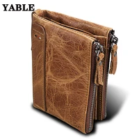 crazy horse leather wallet for man rfid anti theft swiping genuine leather short mens wallet wallet double zipper coin purse