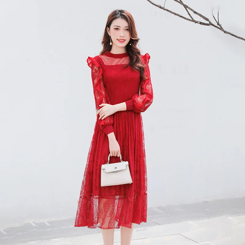 

High End Women's Pleated Dress Autumn New Fashion Temperament Lace Slim Dress