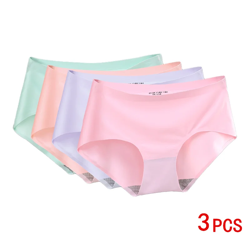 

3Pcs Seamless Panties Women's Solid Silk Panties Skin-friendly Female Underwear Lady Briefs Woman Knickers Underpant Size XXL