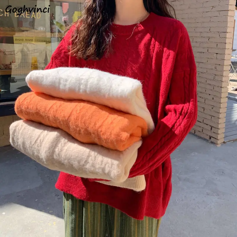 

Twist Pattern Sweaters Women O-neck Simple Autumn Cozy Soft Pullovers Female Elegant Vintage Knitted Korean Style Students Daily