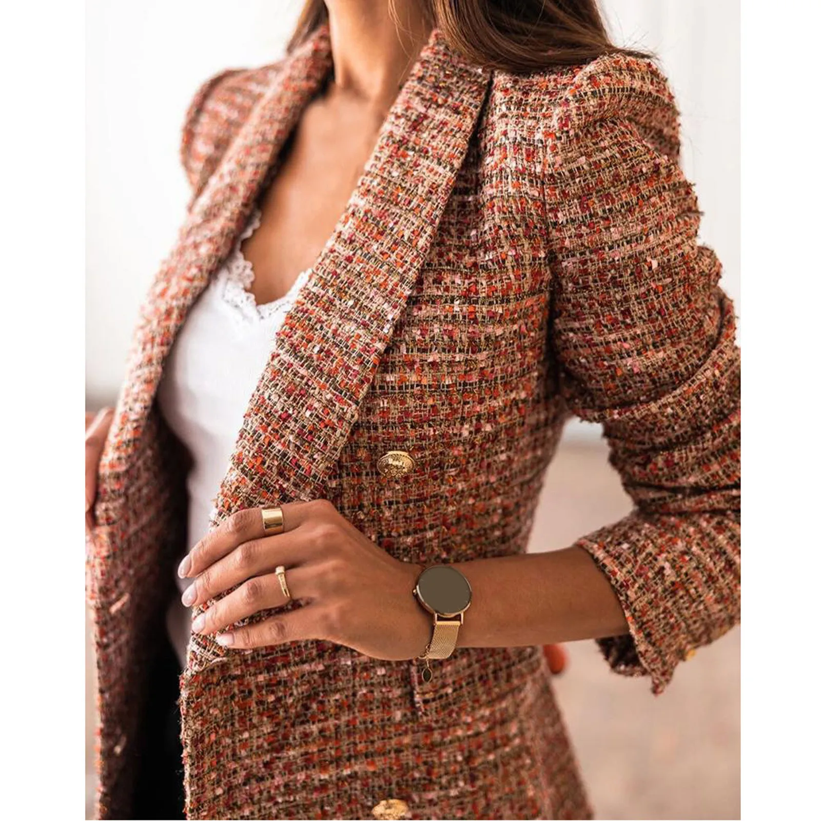 

women blazers and jackets long-sleeve slim blazer Long-sleeved Double-breasted Office Formal Suit Plaid Printing Casual Jacket