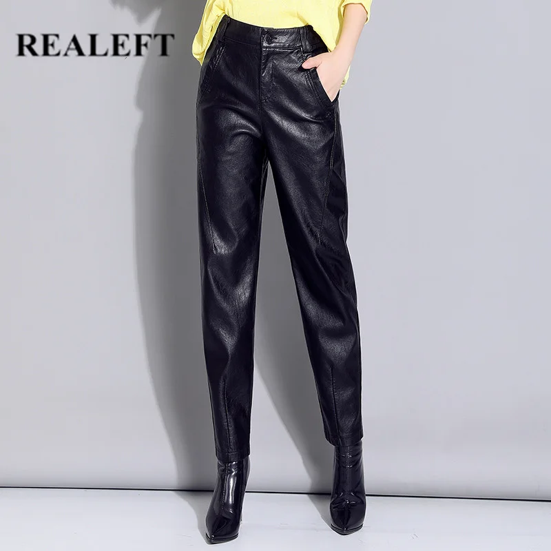 REALEFT новинка Осень-зима женские черные штаны-шаровары из искусственной кожи
