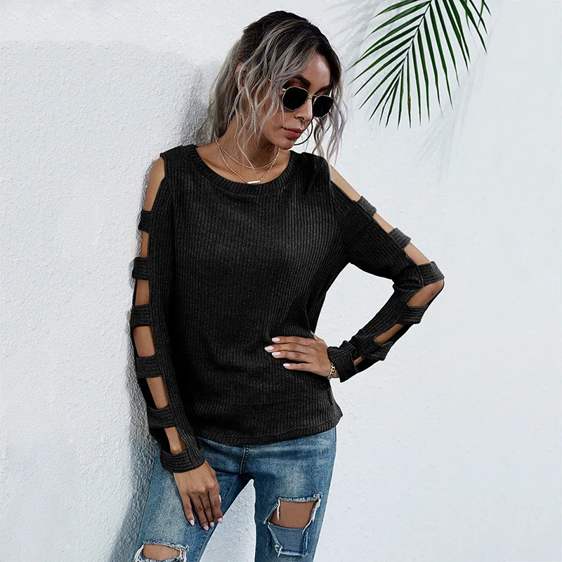 

2021 Autumn Hollow Long Sleeve Knitted Sweater Solid Color Slim-fit Women's Bottoming Sweater Straplesss Tops O Neck Pullover