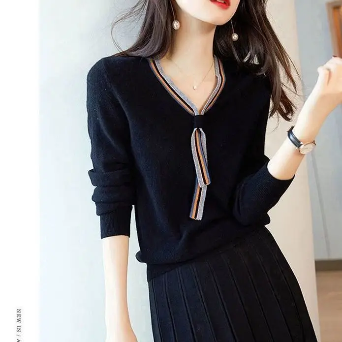 

Long Sleeved Knitwear Spring and Autumn New Age Reduction Contrast Color Bottom Shirt Foreign Style Sweater Ribbon V-neck Top