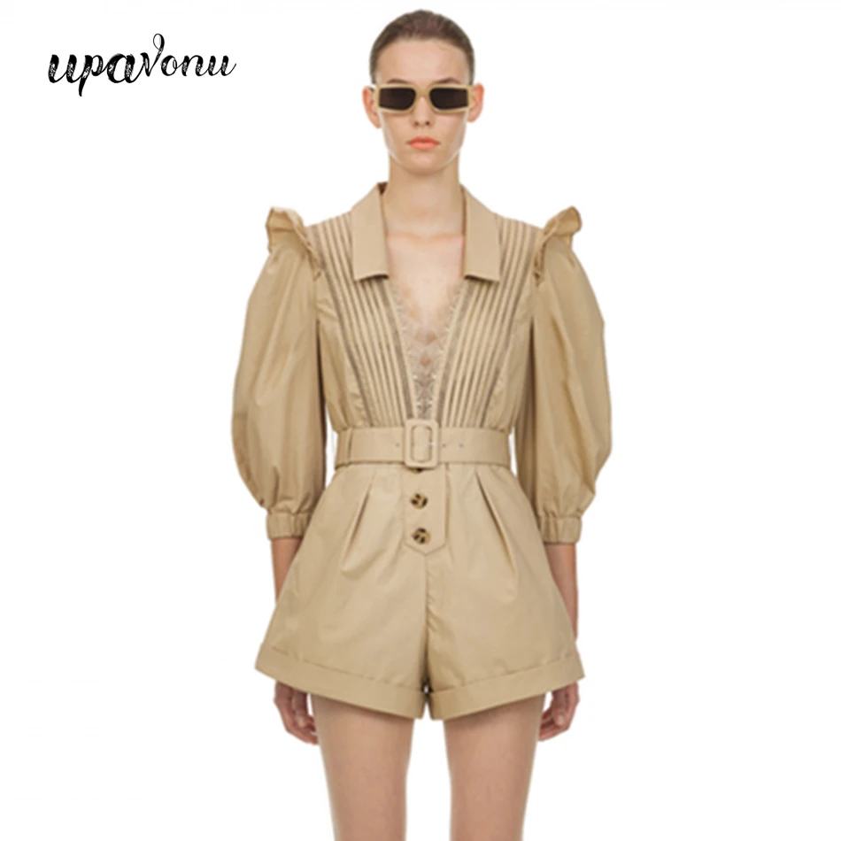 UpAvonu женский комбинезон коричневый с V образным вырезом и кружевными рукавами