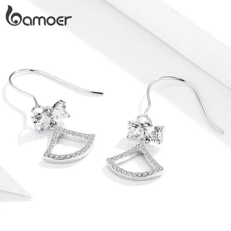 bamoer Authentic 925 Sterling Silver Dangle Earrings Bow-knot Fan-shaped Sparkling Zircon Wedding Fine Jewelry GAE281 | Украшения и