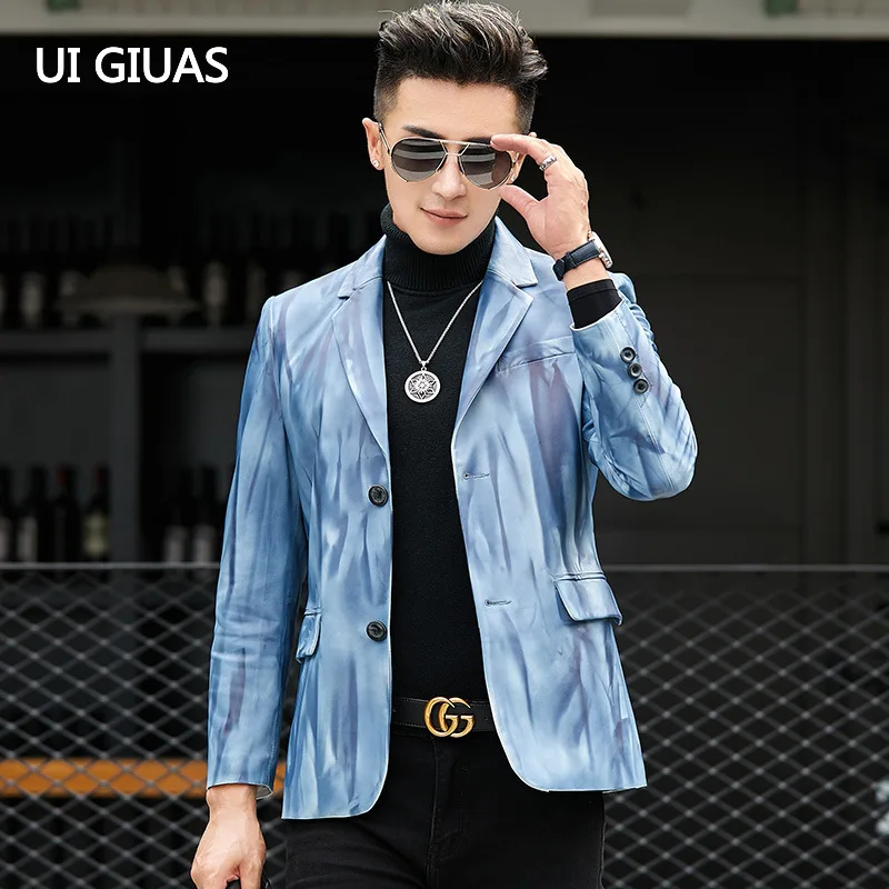 

Высококачественное роскошное Мужское пальто UI GIUAS из натуральной овчины, сапфирового синего цвета, Мужская мотоциклетная локомотивная кож...