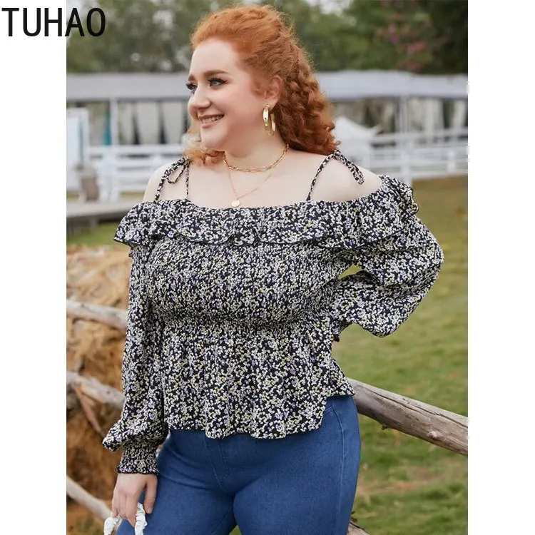 

TUHAO Plus Size 4XL 3XL Women Shirts Blouses Beach Style Casual Blouse for Woman Large Size High Waist Female Mother Tops