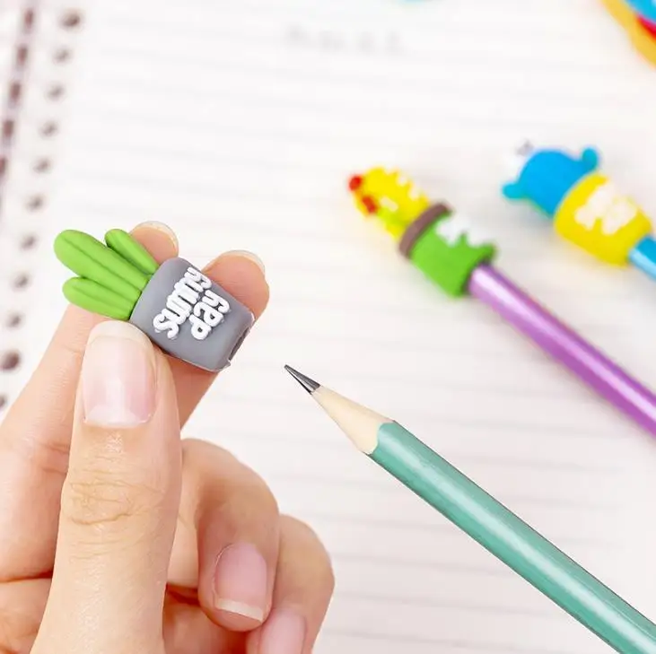 3 Pcs/pack Cartoon Dinosaur Cactus Rocket Wing Star Silicone Pencil Caps Protection Cap Extender Pen Grip Stationery | Канцтовары для
