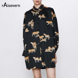 Женская винтажная блузка в стиле Хай-стрит с принтом тигра, свободная Длинная блузка, рубашка в стиле оверсайз, 2020