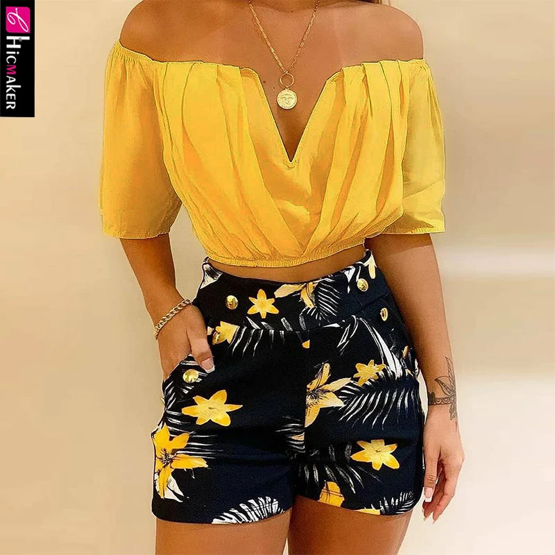 Женский топ с открытыми плечами и рюшами шорты тропическим принтом шикарные