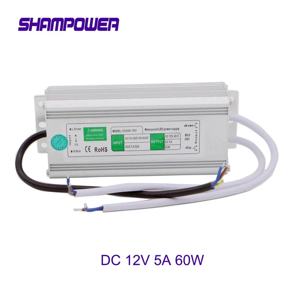 SHAM мощный большой водонепроницаемый IP67 DC 12V 5A 60W драйвер источника питания