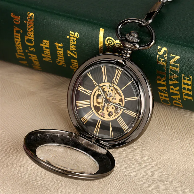 Antique Pendant Pocket Watch Unisex Hand Winding Mechanical Skeleton Watches Men Women Necklace Pendant Chain Half Hunter Gift