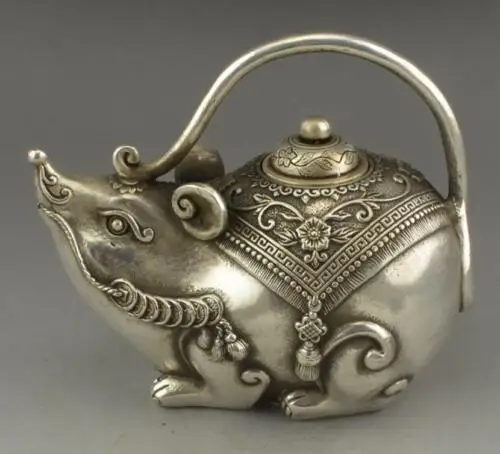 

Chinese Tibet silver Wealth Yuanbao Money Mouse TeaPot crafts Statue