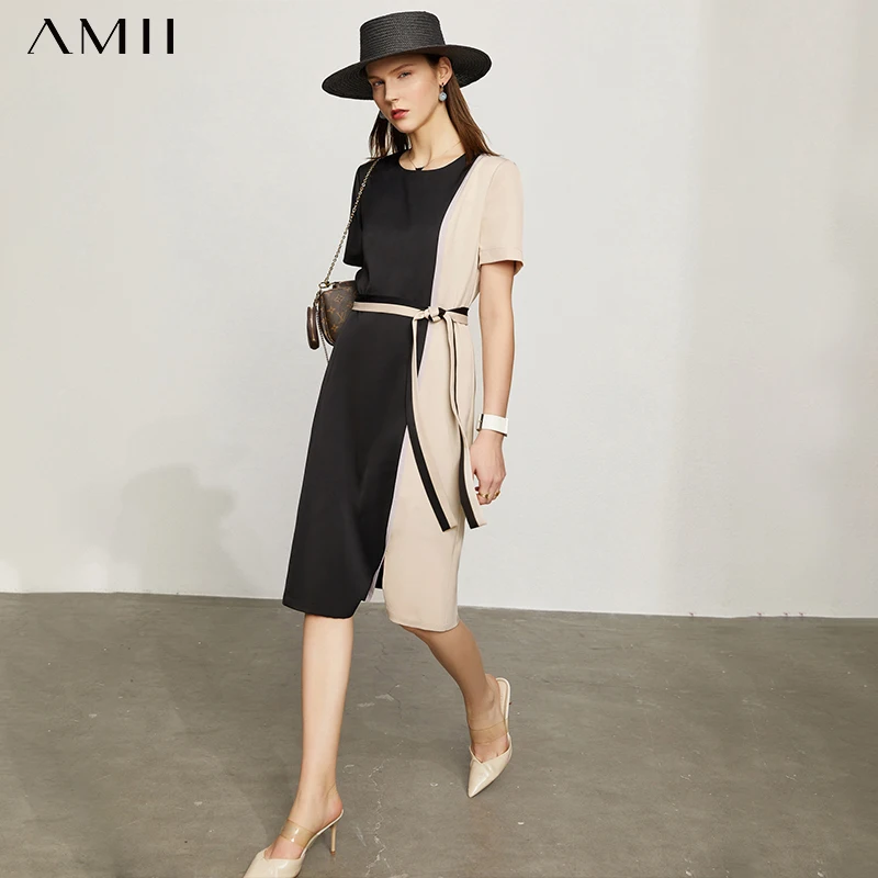 

Amii Minimalism Women's Dress Summer New Offical Lady Oneck Patchwork Belt Women's Chiffon Dress Causal Dress For Women 12140100