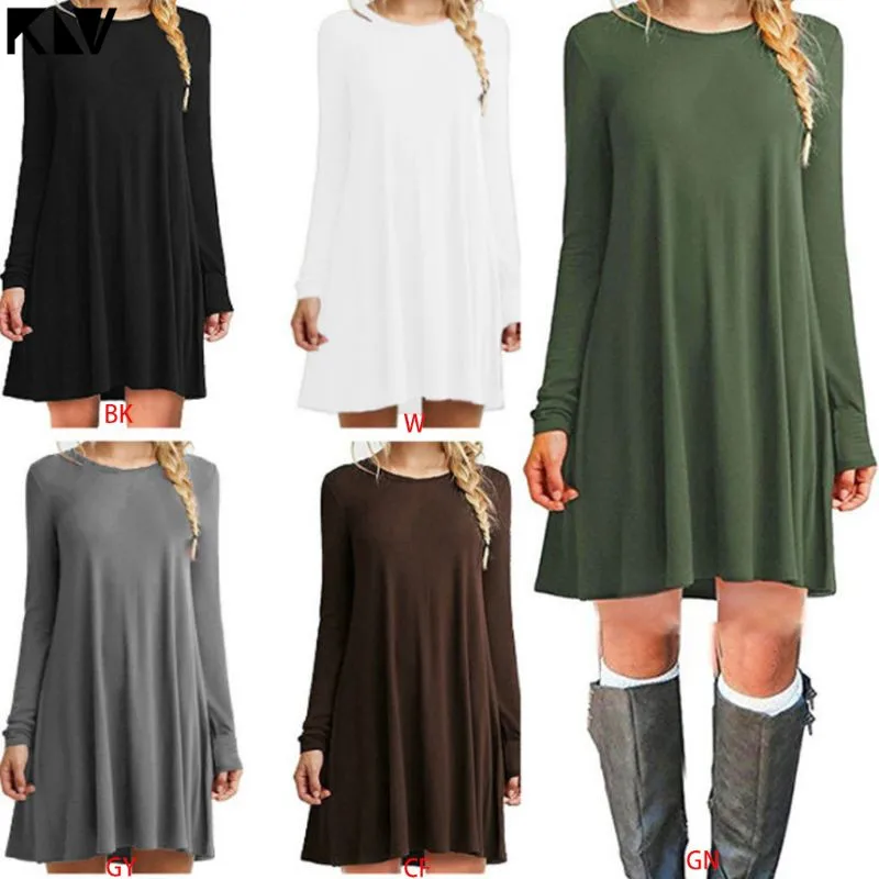 Женское платье-футболка с длинными рукавами однотонное повседневное свободное