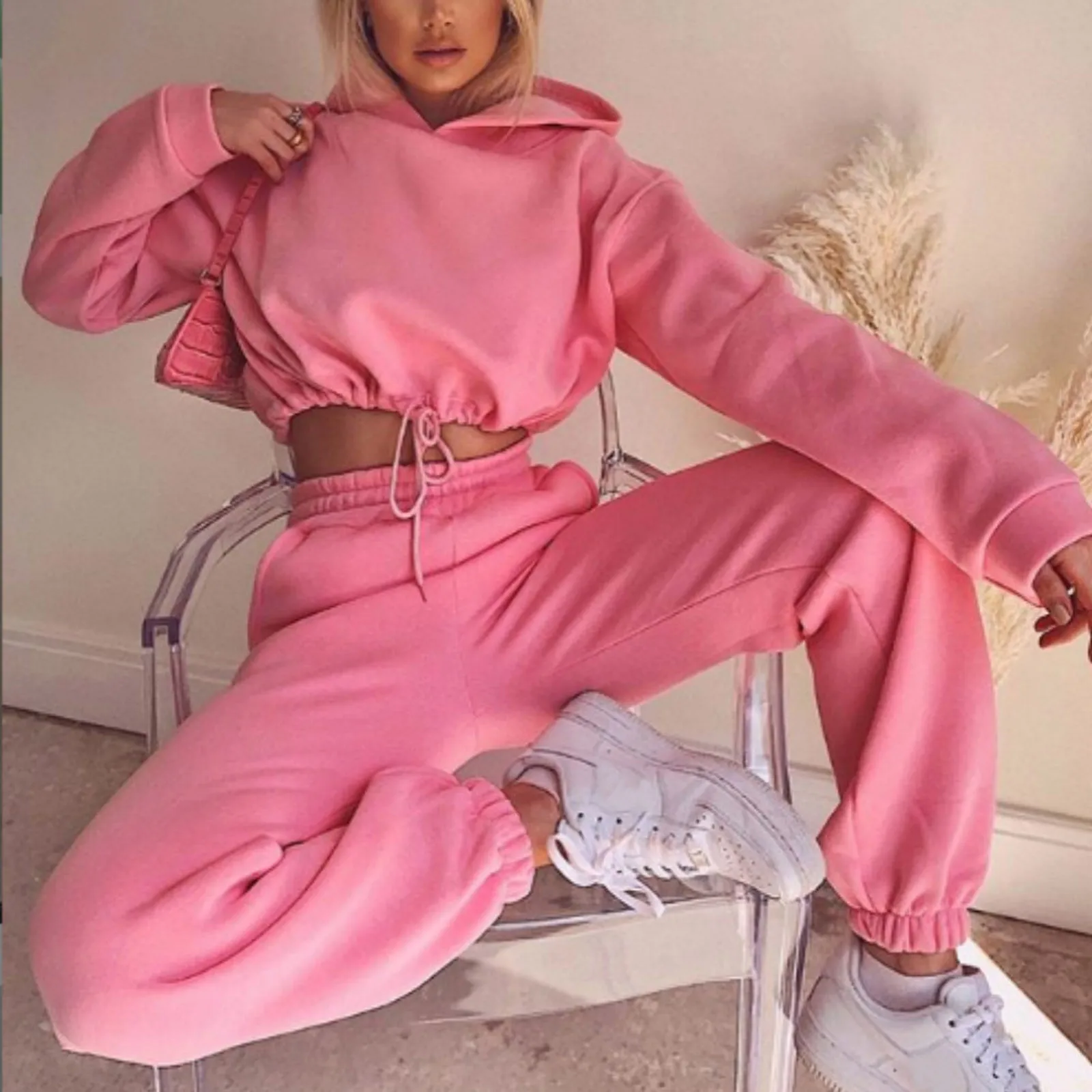 Women Sports 2 PCS Set Sweatshirts Holiday suit female Hoodies Pants  Home Sweatpants Trousers Outfits Solid Casual Tracksuit