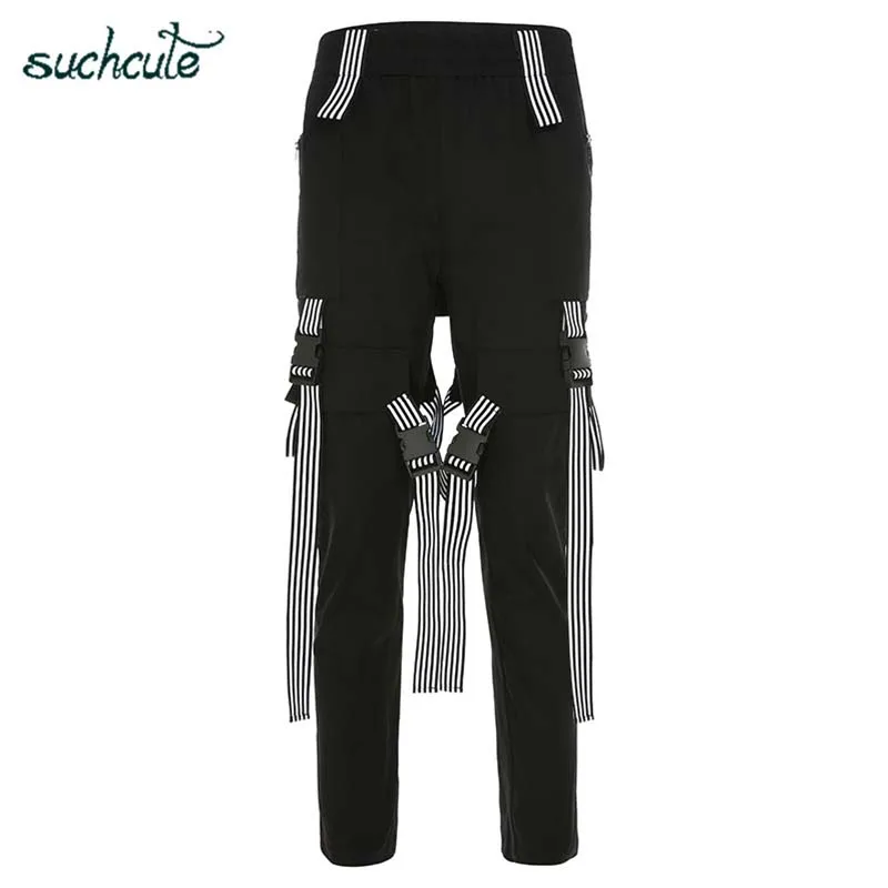 black pants SUCHCUTE черные женские брюки в клетку готический панк-рок корейский стиль брюки женские джоггеры Harajuku 5xl мешковатые бриджи - Цвет: black pants