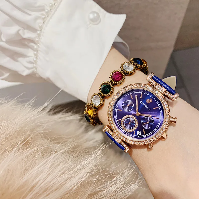 

Candy Colors Real Leather Fashion Dress Watches for Women Sparking Crystals Wrist watch Waterproof Workable 6 Hands Analog Watch