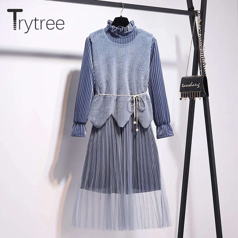 Trytree, осенне-зимний комплект из двух предметов, повседневная водолазка, плиссированное платье с расклешенными рукавами+ жилет с поясом, комплект для офисной леди, комплект из 2 предметов