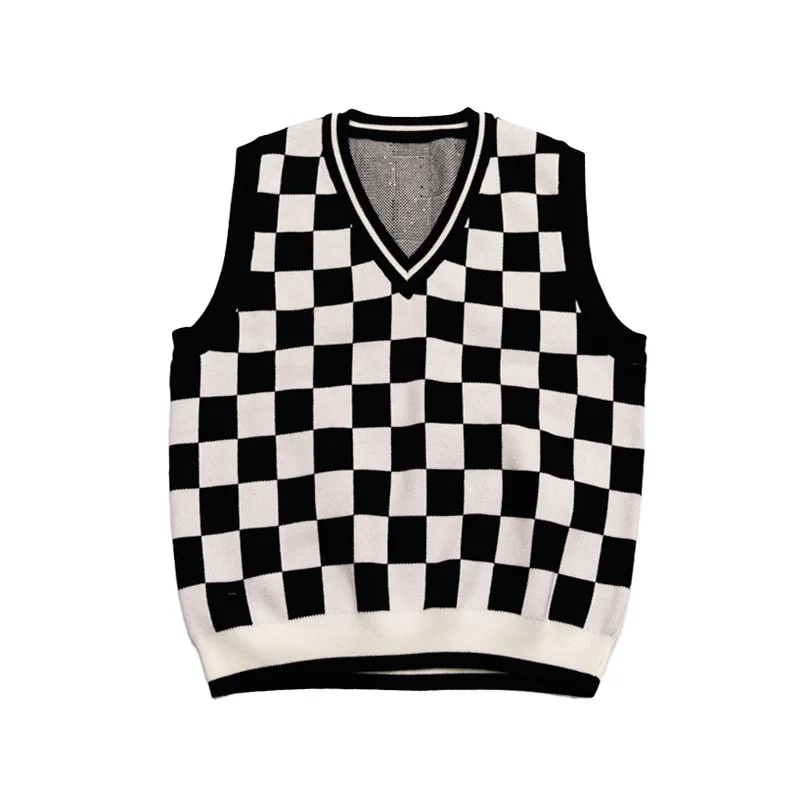 

Women's Black And White Checkerboard Knitted Jacquard Sweater Vest Autumn And Winter Warm Vest Sleeveless Top