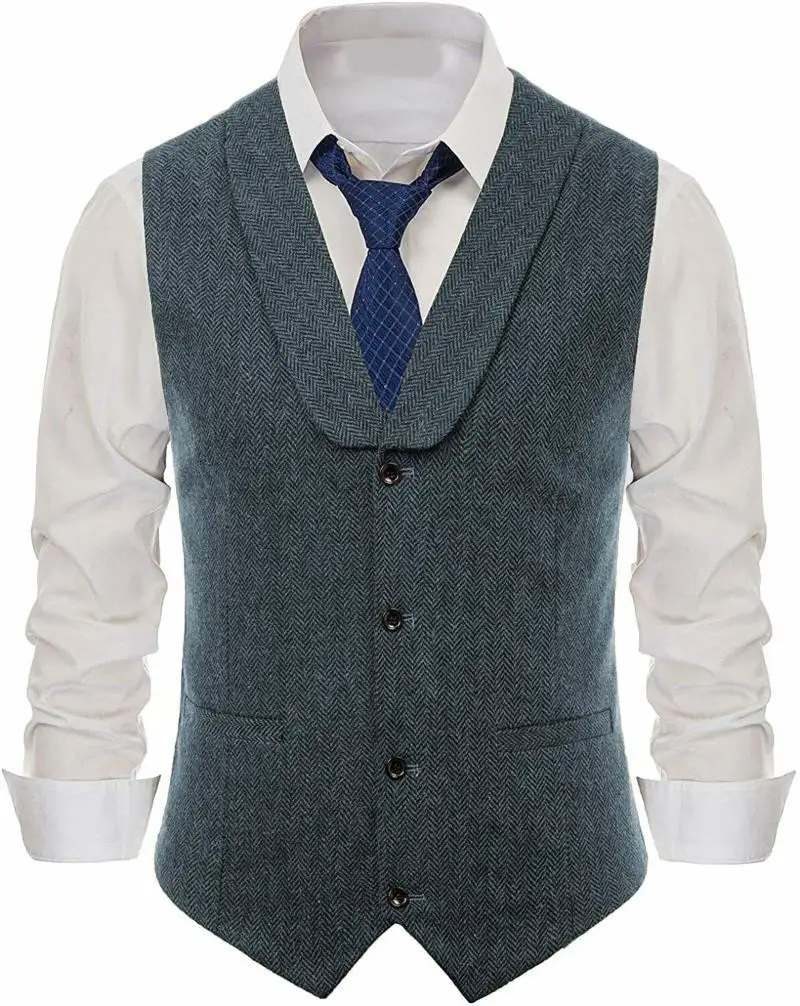 Men's Wool Slim Fit Leisure Cotton Suit Vest Gentleman Herringbone Pattern Waistcoat Beckham Business Brown Wedding Groom Vests | Мужская