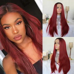 Ombre Straight Lace Front Wigs 13*4 Lace Wig 24" Synthetic Lace Wigs 99j Burgundy Straight Hair Wigs Red Colored Wig ​For Women