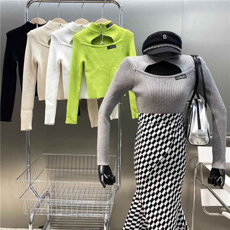 

New Brand Original Design 2021 Half High Collar Elastic Bottomed Shirt Hollow Out Sexy Fashion Versatile Thin Knitted Top