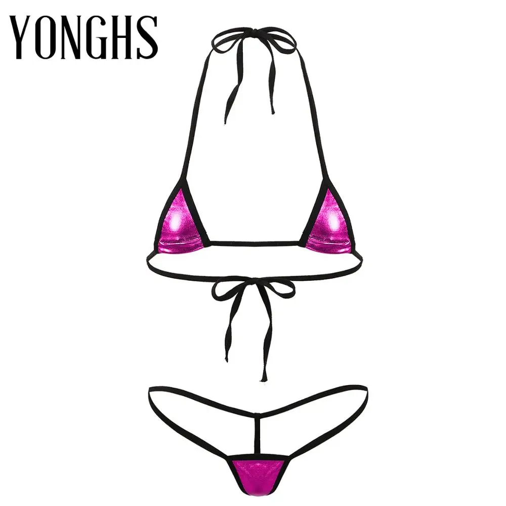 

Женский мини-бикини, эротическое белье, комплект для секса, Блестящий металлический бюстгальтер с завязками на шее, топ с стринги, трусики, н...