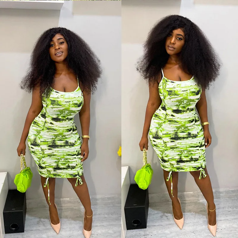 

Oluolin Dresses Women 2021 Summer Fashion Green Dress Spaghetti Strap Draped Sheath Knee-Length Dress Undefined Beach Style