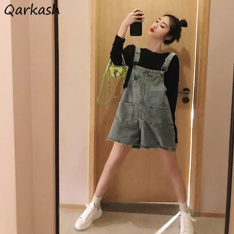 

Комбинезоны женские джинсовые с широкими штанинами и карманами, простые винтажные Комбинезоны из потертого денима с завышенной талией для ...