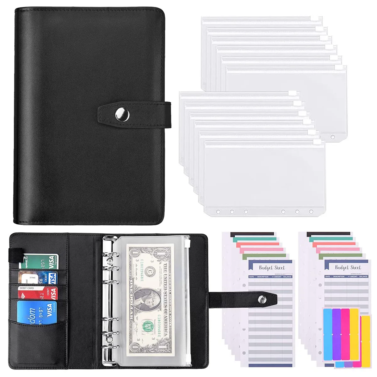 New A6 Soft PU Binder Money Organizer for Cash with 12 PCS Budget Cash Zipper Envelopes and 12 PCS Budget Sheets| 2 Stickers