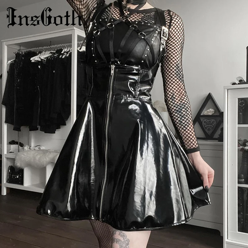 InsGoth Black Leather Skirts Women Gothic Streetwear High Waist Zipper Spaghetti Straps Short Lady Retro Party Mini Skirt | Женская