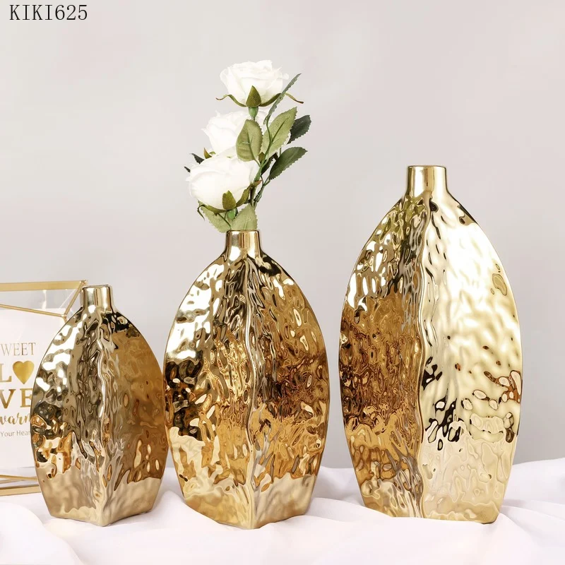 

European Ceramic Vase Luxury Electroplating Golden Flower Arrangement Room Countertop Porcelain Flower Vase Handicraft Ornaments