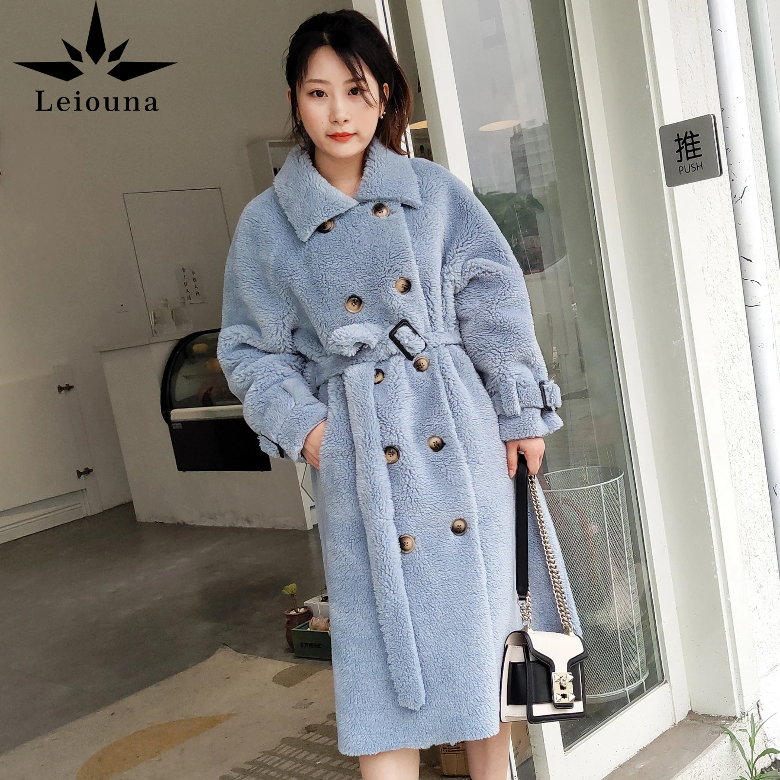 Размера плюс leioouna высшего качества искусственная шерстяная куртка с мехом