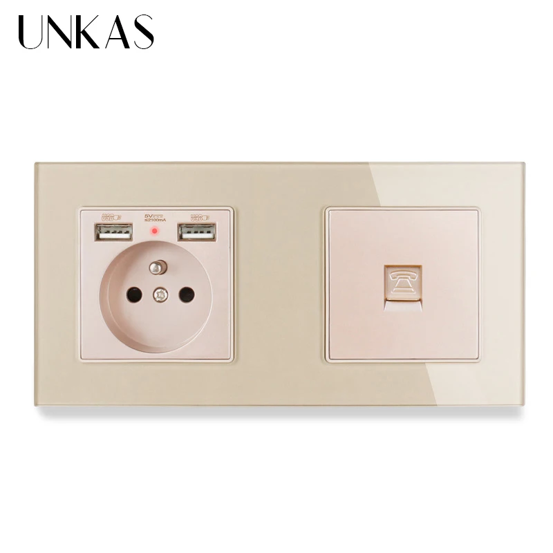 Французская стандартная электрическая розетка UNKAS с 2 USB портами для зарядки + 1