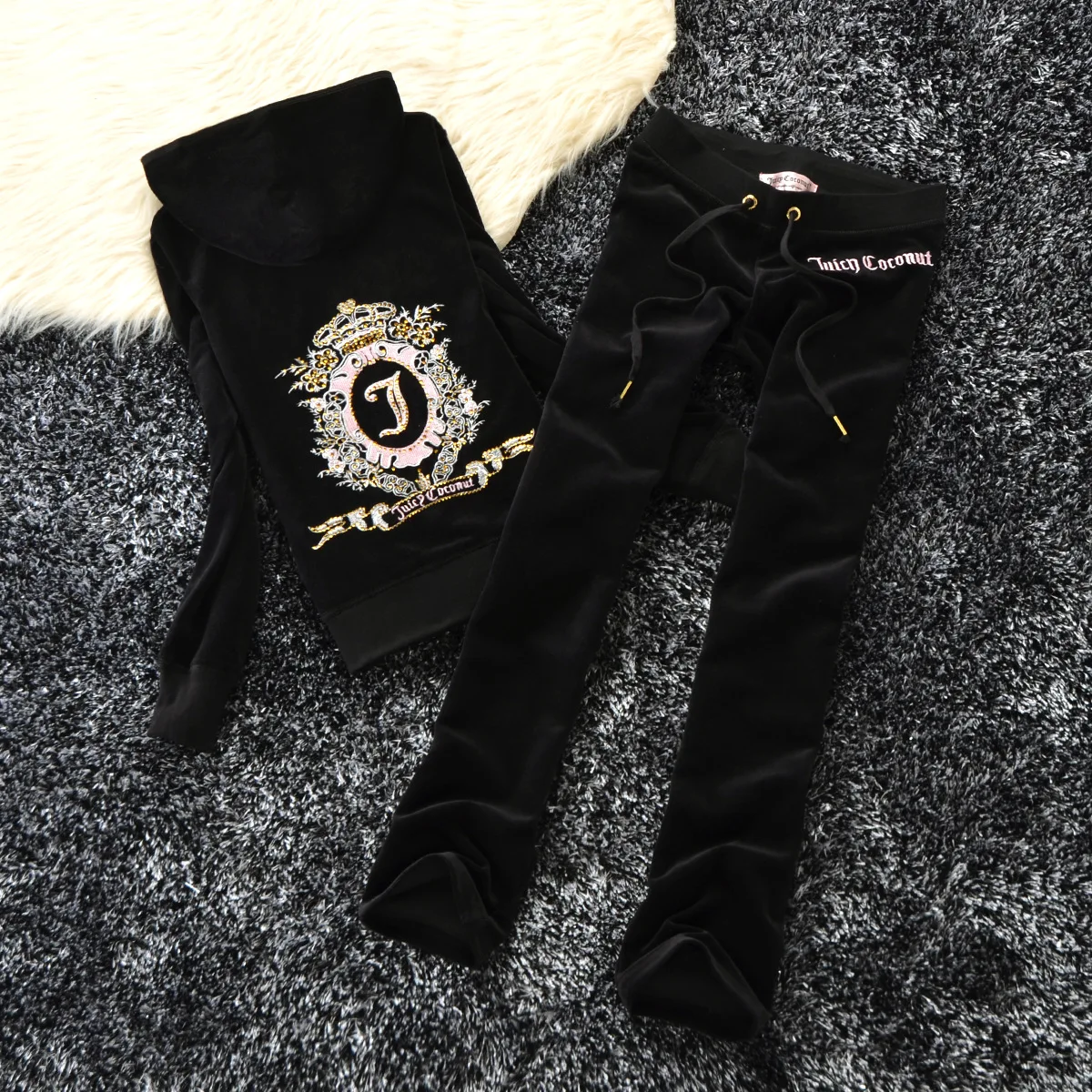 

Spring/Fall 2021Velvet Tracksuit Two Piece Set Women Sexy Hooded Long Sleeve Top And Pants Bodysuit Suit Runway Fashion