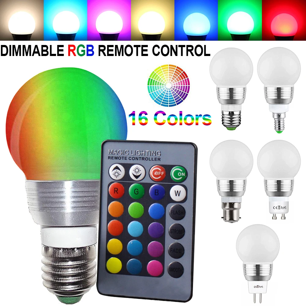 

E27/E26/E14/B22/GU10/MR16 3W RGB LED Bulb Remote Control LED Lamp 16 Colors Magic Disco DJ Bulb Light Home Party Club Decor D30