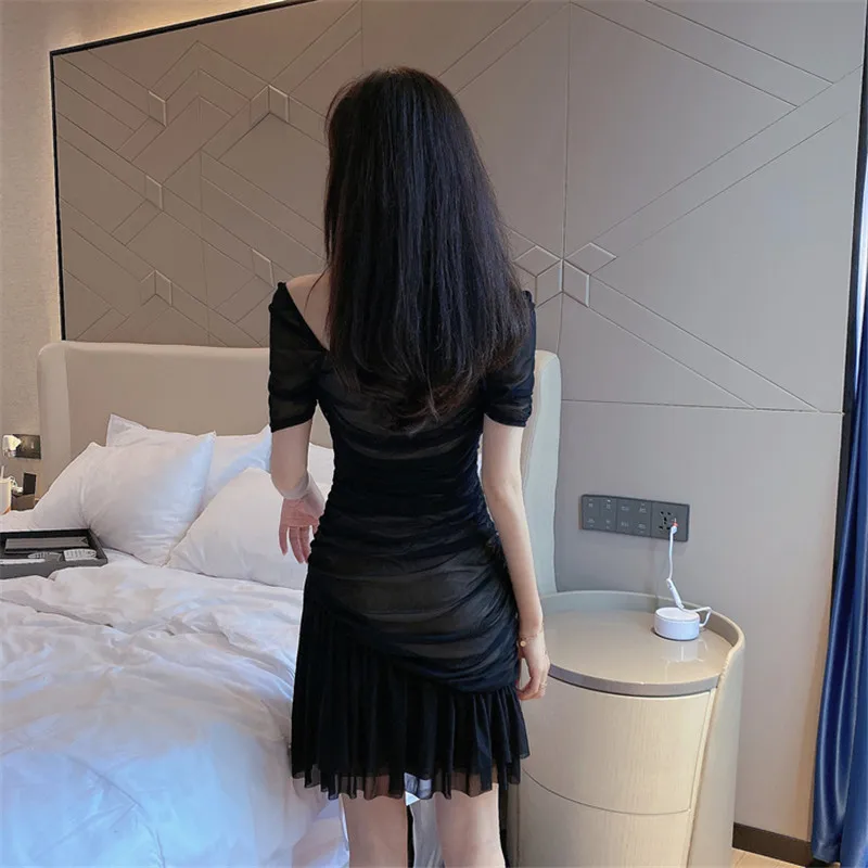 

Real shot 2020 new fashion summer sweet square collar mesh stitching ruffled dress casual sexy casual women's wild dress