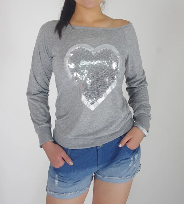 Женская толстовка с длинным рукавом пуловер блестками и сердечком спортивный