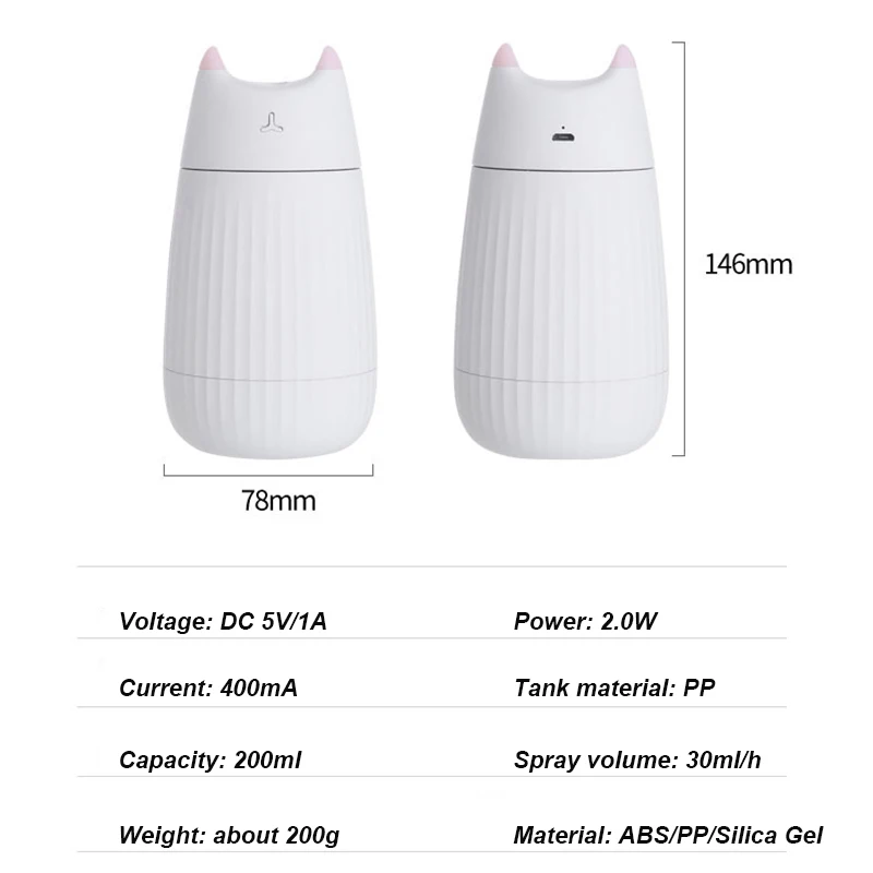 

200ML Air Humidifier Cute Cat Diffuser Mini Portable Humidificador USB Aromatherapy Atomizer Car Purifier Home Mist Maker Fogger
