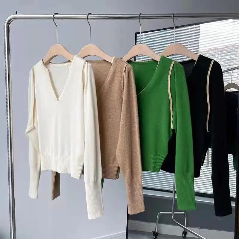 

High Quality Runway Design Color Patchwork Sweater Women 2021 Winter Knitted V-Neck Pullover Femme Cashmere Sweater