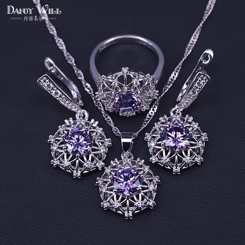 Серебряный цвет костюм комплект ювелирных изделий фиолетовый кубический циркон