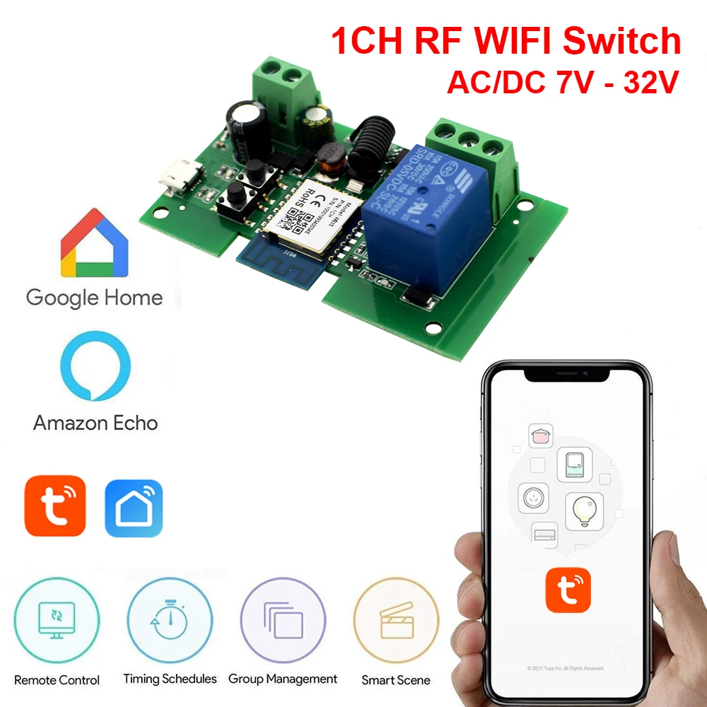 

Умный модуль реле Wi-Fi Tuya, реле с таймером и дистанционным управлением, ввод/автоблокировка, для Google Home, 5 В, 12 В, 24 В постоянного тока