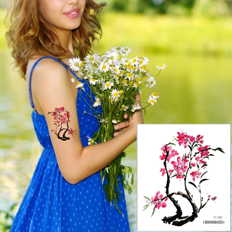 Татуировка в форме цветка китайская живопись чернилами розовый куст наклейка